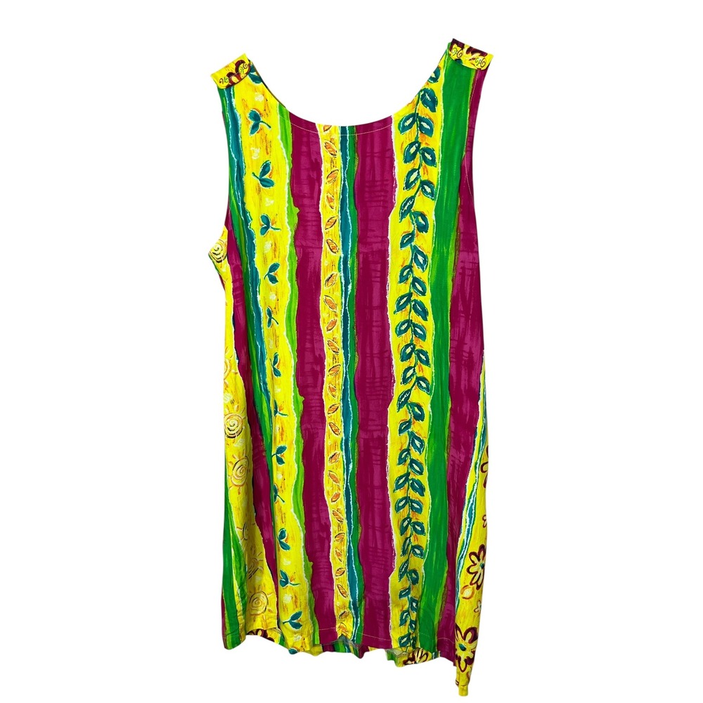 Xtreme Island Designs‎ Hawaii Sleeveless Dress Striped Floral Yellow Vintage M